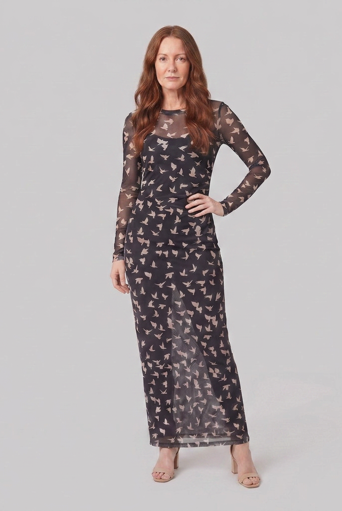 Sable Black Dress mesh long sleeve front view model pose A