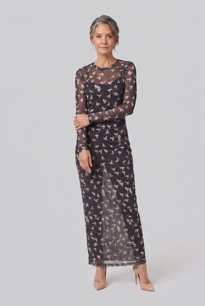 Sable Black Dress mesh long sleeve front view model pose B