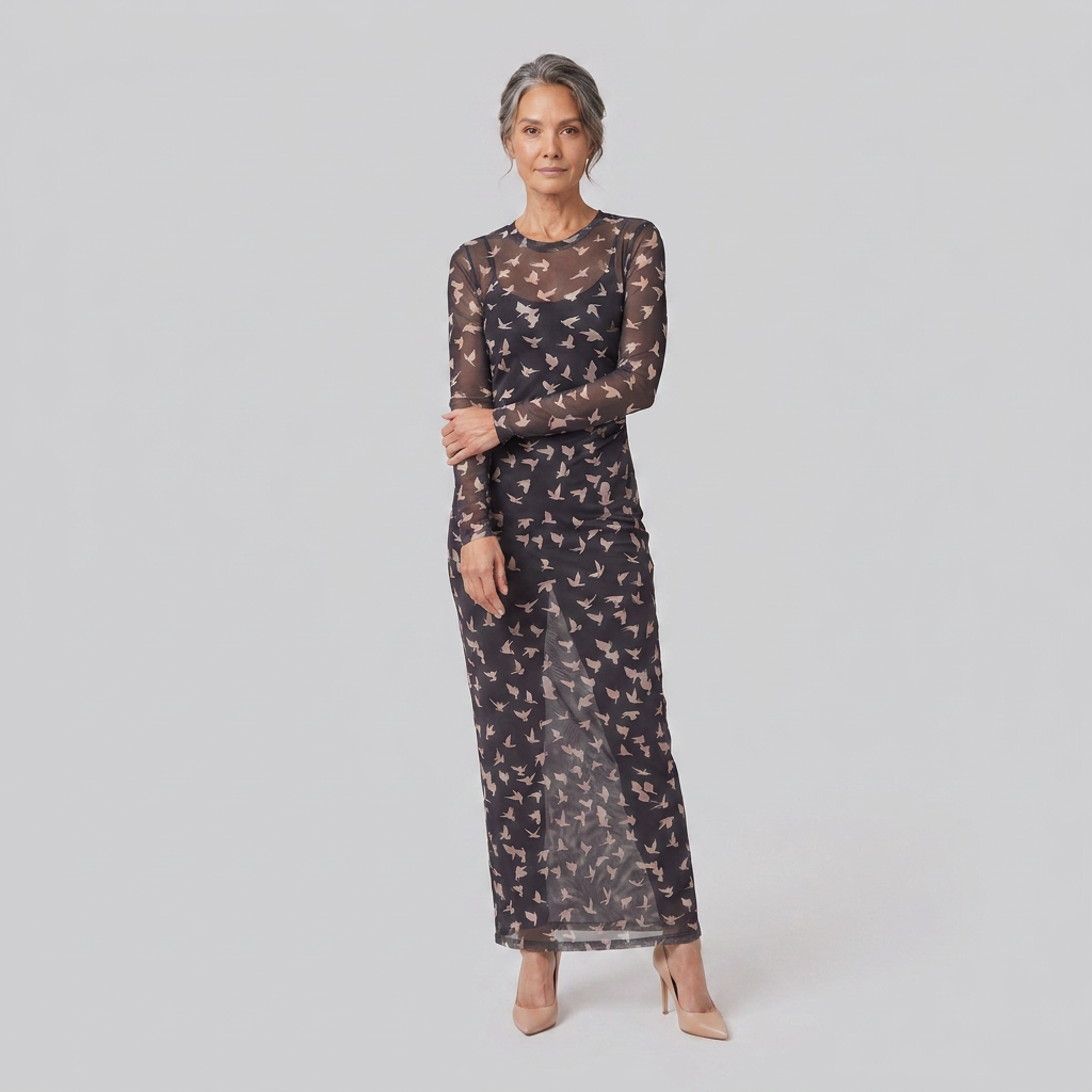 Sable Black Dress mesh long sleeve front view model pose B