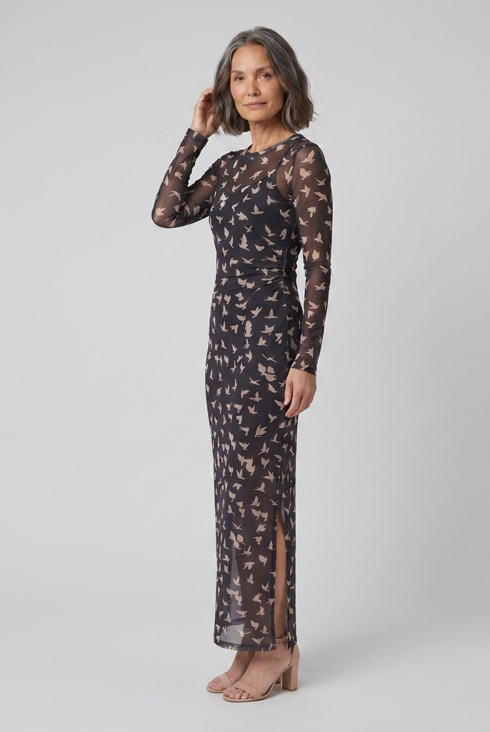Sable Black Dress mesh long sleeve side three-quarter angle model