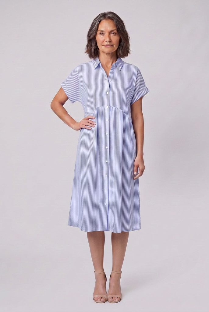Sierra blue striped shirt dress front view on model