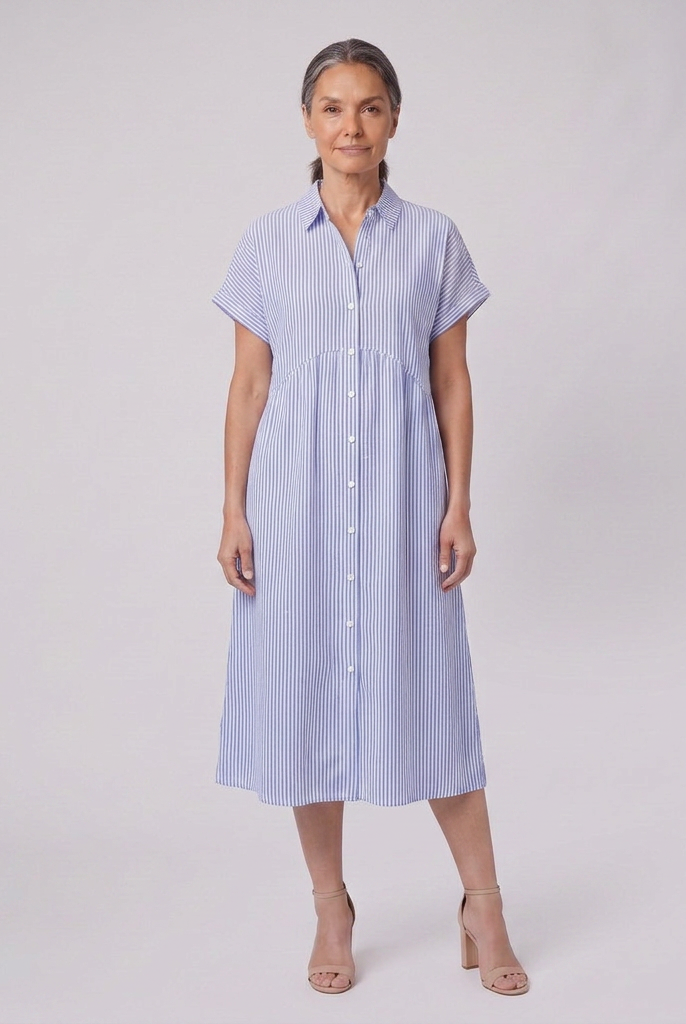 Sierra blue striped shirt dress relaxed pose on model