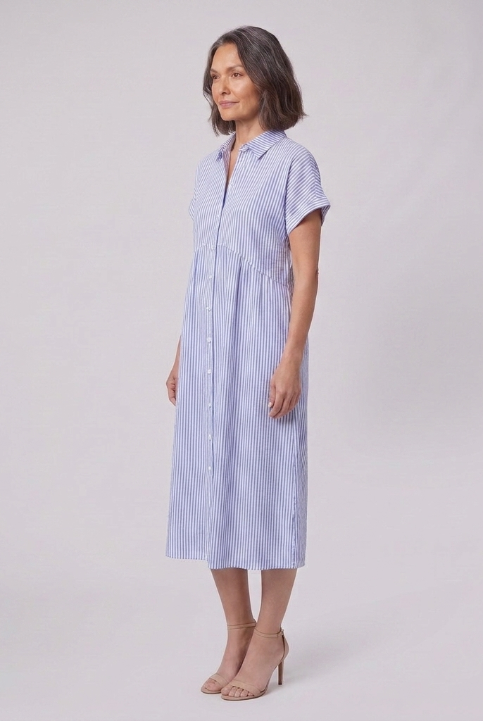 Sierra blue striped shirt dress side angle on model