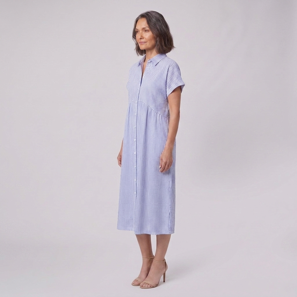 Sierra blue striped shirt dress side angle on model