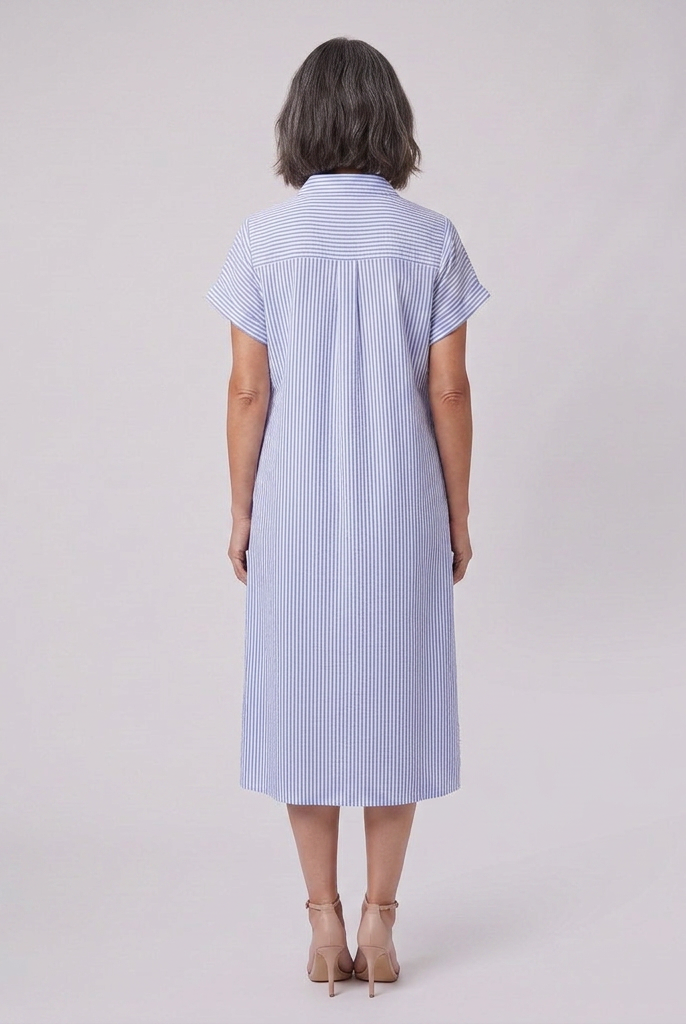 Sierra blue striped shirt dress back view on model