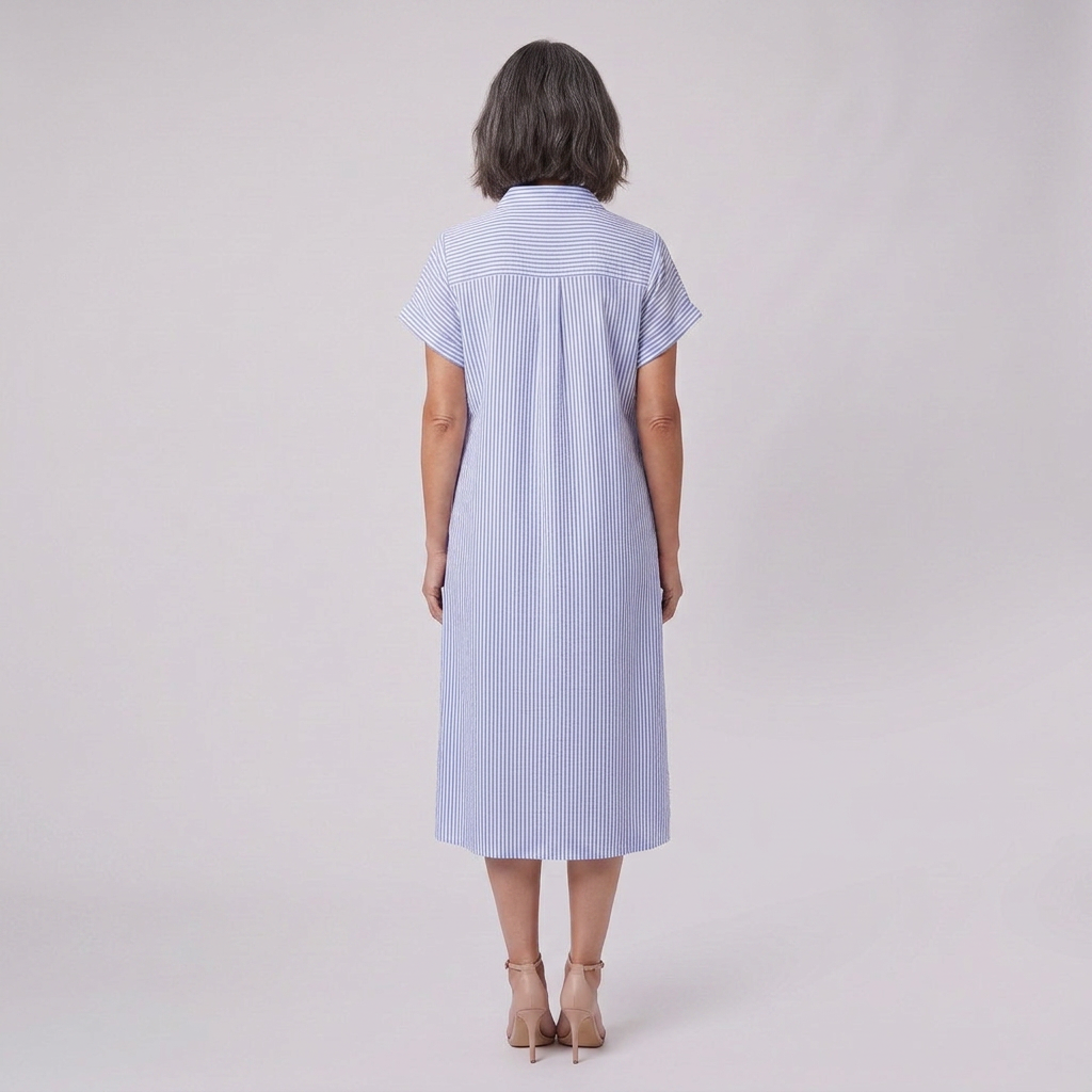 Sierra blue striped shirt dress back view on model