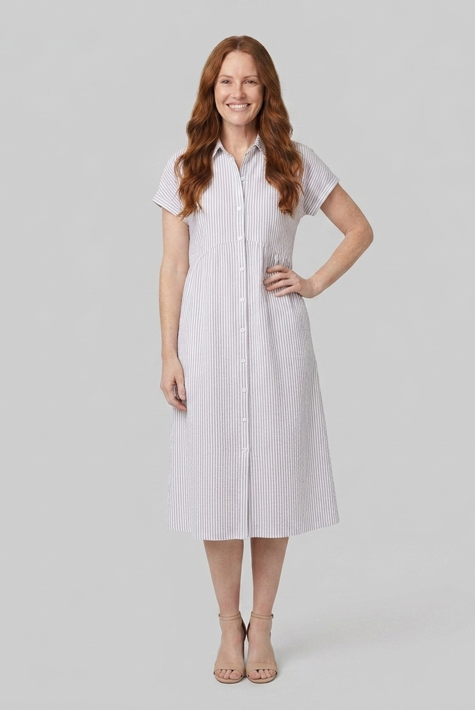 Sierra white striped shirt dress front view on model