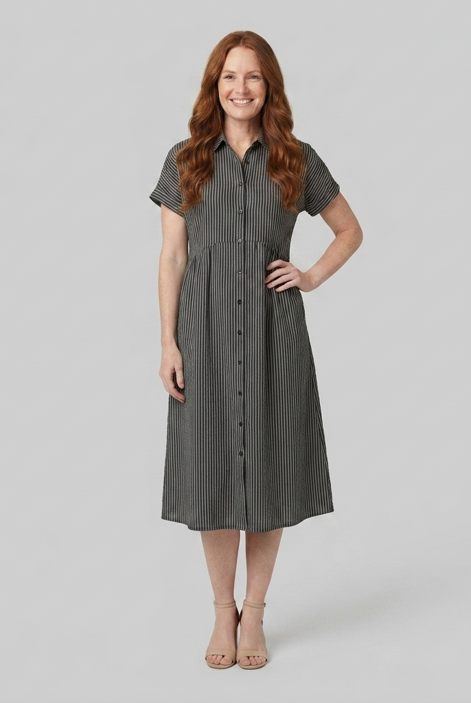 Sierra black striped shirt dress front view on model