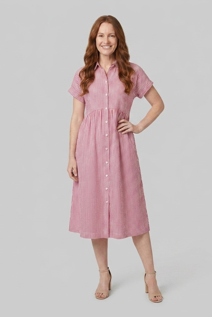 Sierra red striped shirt dress front view on model