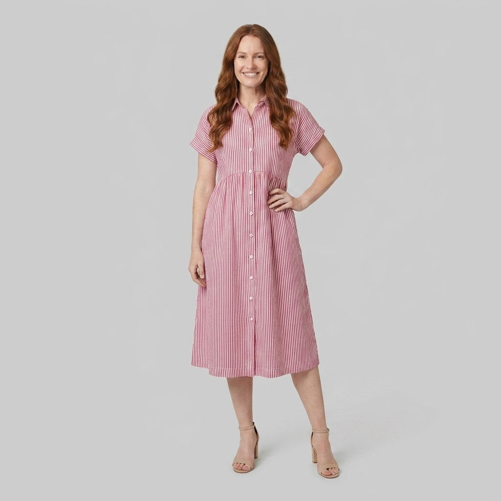 Sierra red striped shirt dress front view on model