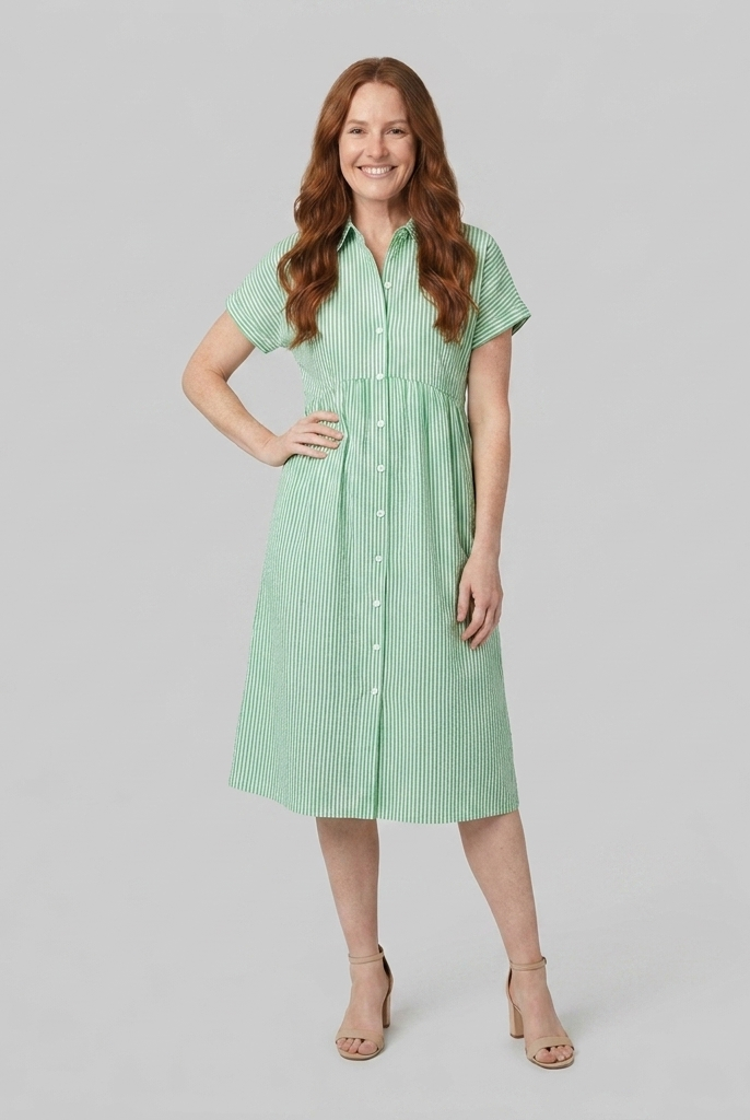 Sierra green striped shirt dress front view on model