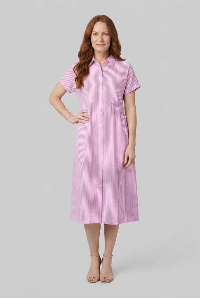 Sierra pink striped shirt dress front view on model