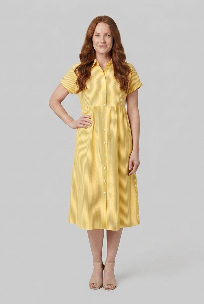 Sierra yellow striped shirt dress front view on model