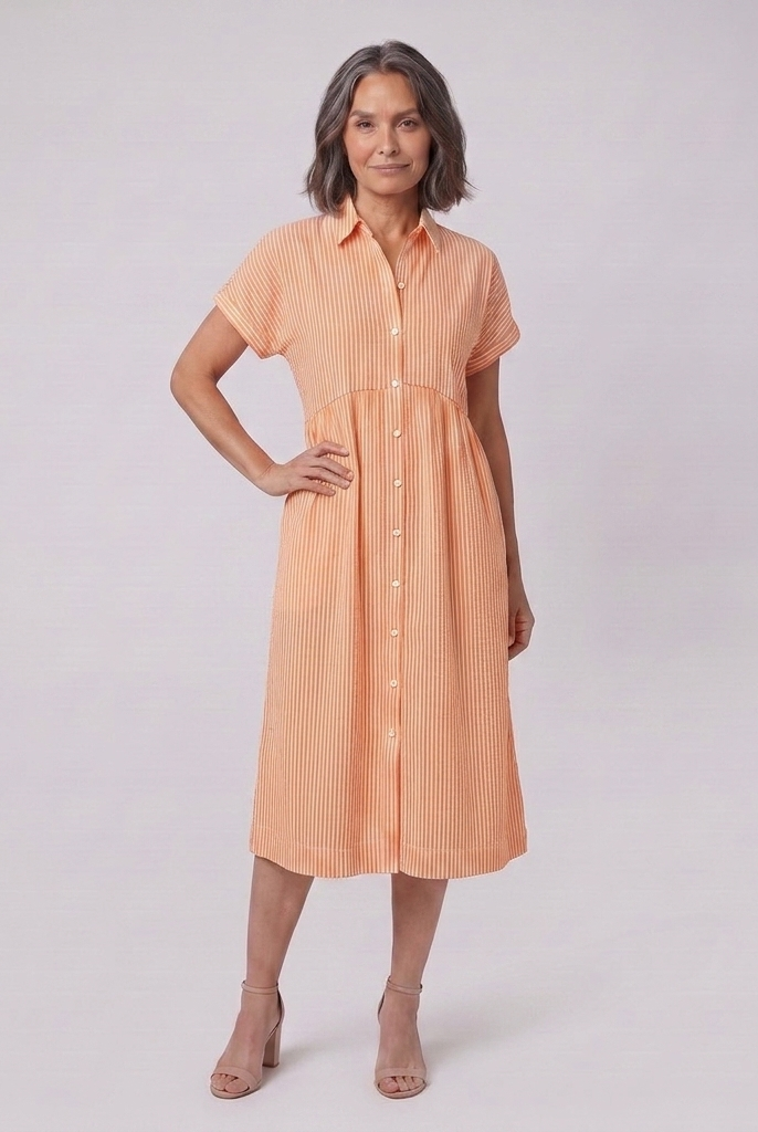 Sierra orange striped shirt dress front view on model