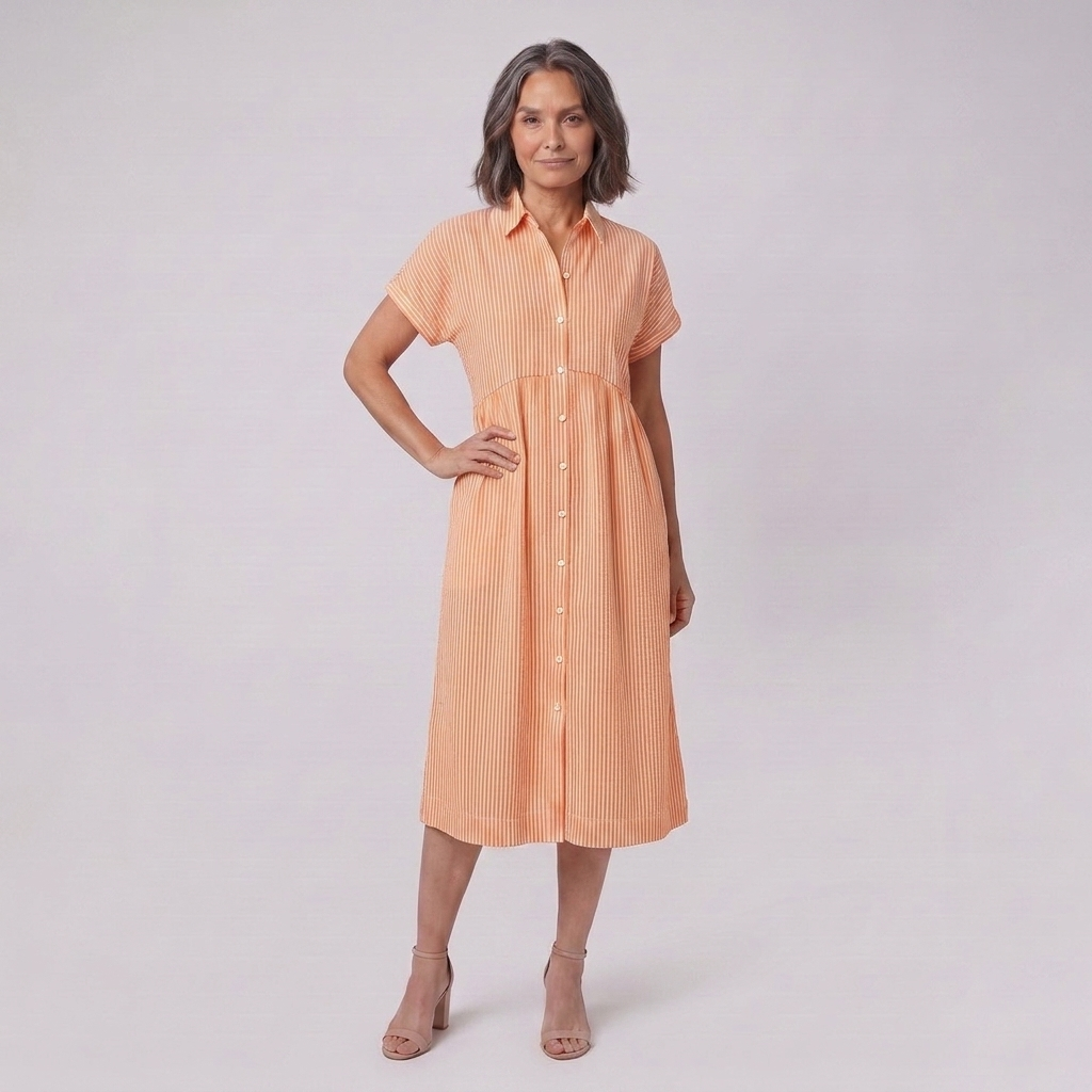Sierra orange striped shirt dress front view on model
