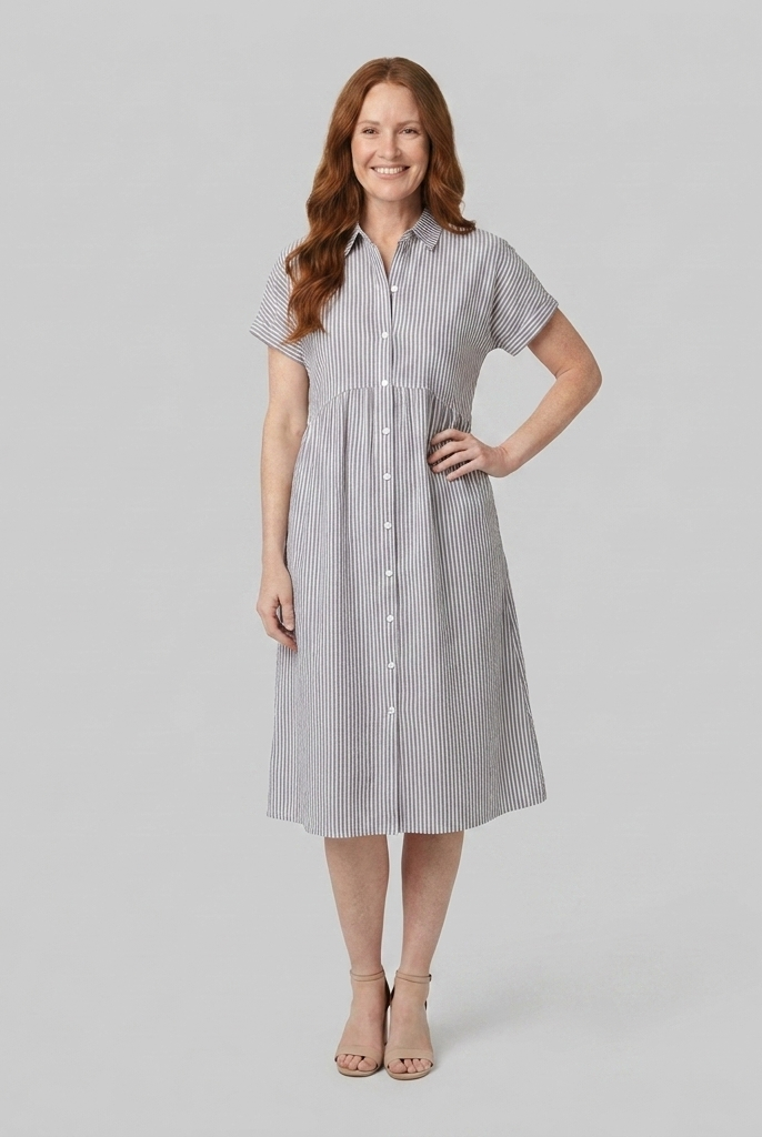 Sierra gray striped shirt dress front view on model