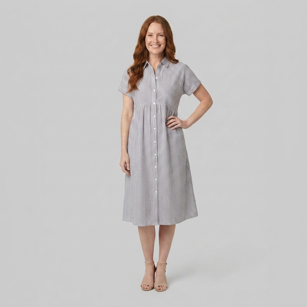 Sierra gray striped shirt dress front view on model