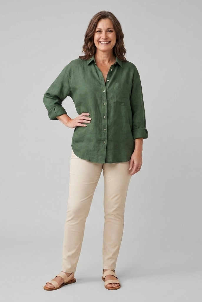 Cleo Women's Linen Shirt Forest Green - Front View
