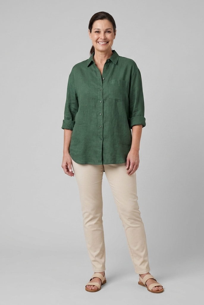 Cleo Women's Linen Shirt Forest Green - Relaxed Pose