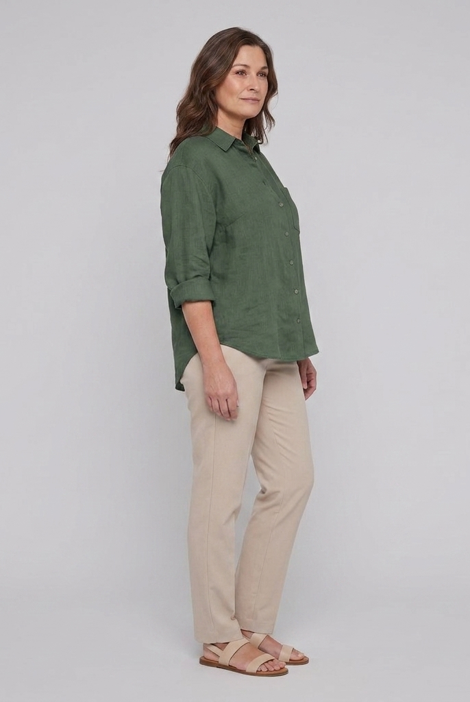 Cleo Women's Linen Shirt Forest Green - Side View