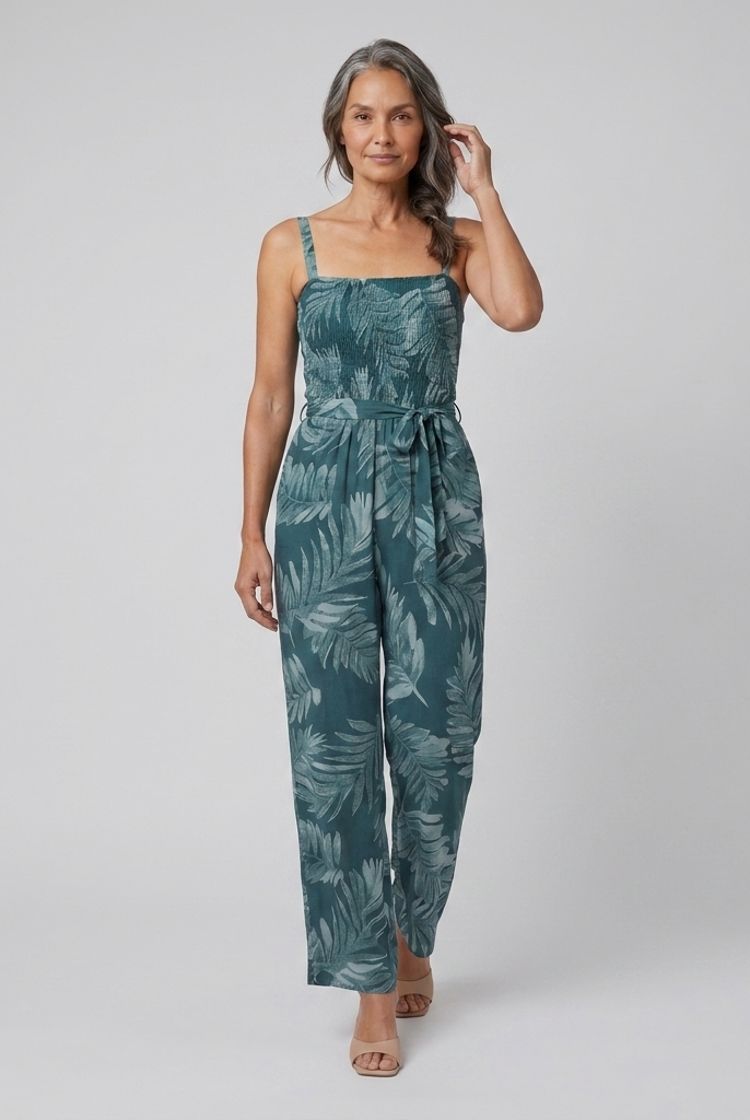 Teal wide-leg jumpsuit with tropical leaf print, relaxed walking pose on model