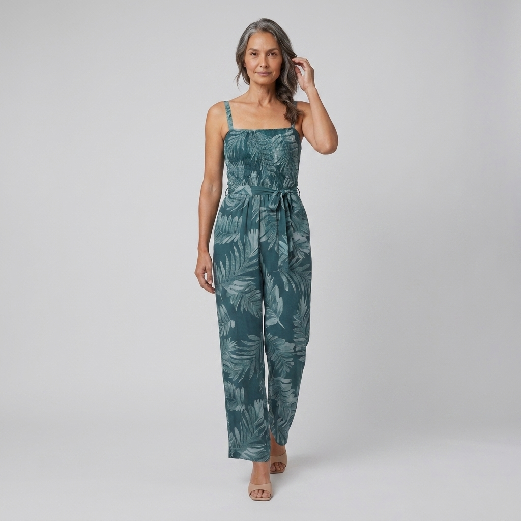 Teal wide-leg jumpsuit with tropical leaf print, relaxed walking pose on model