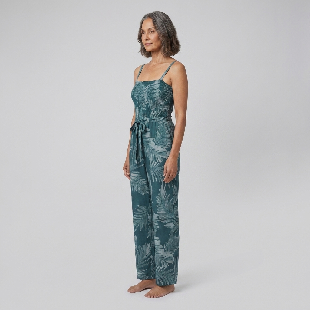 Teal spaghetti strap jumpsuit, three-quarter side view on model