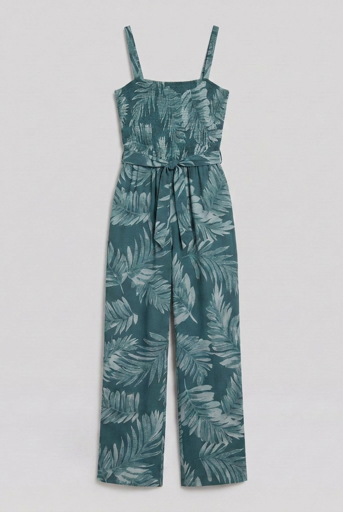 Teal spaghetti strap wide-leg jumpsuit product flat-lay