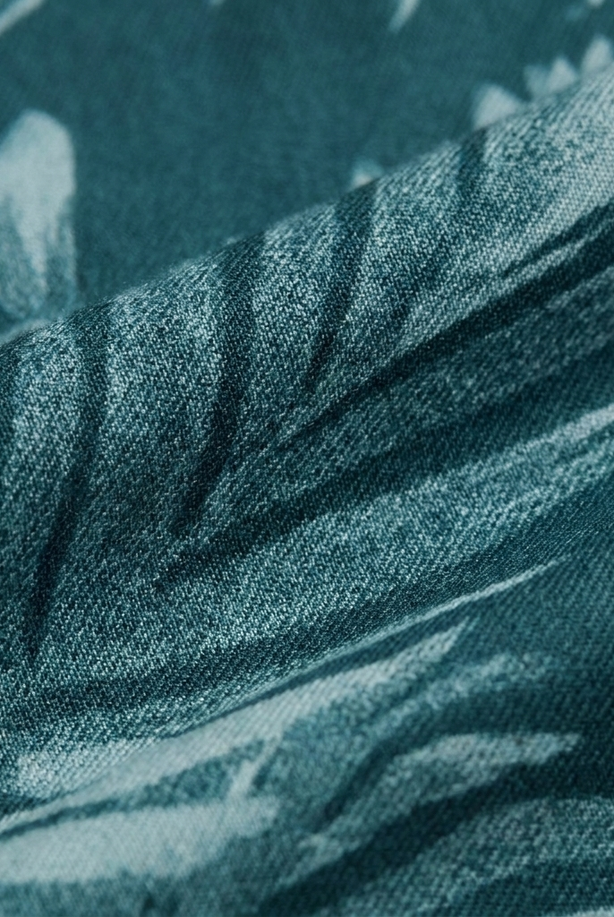 Teal tropical leaf print jumpsuit fabric texture close-up