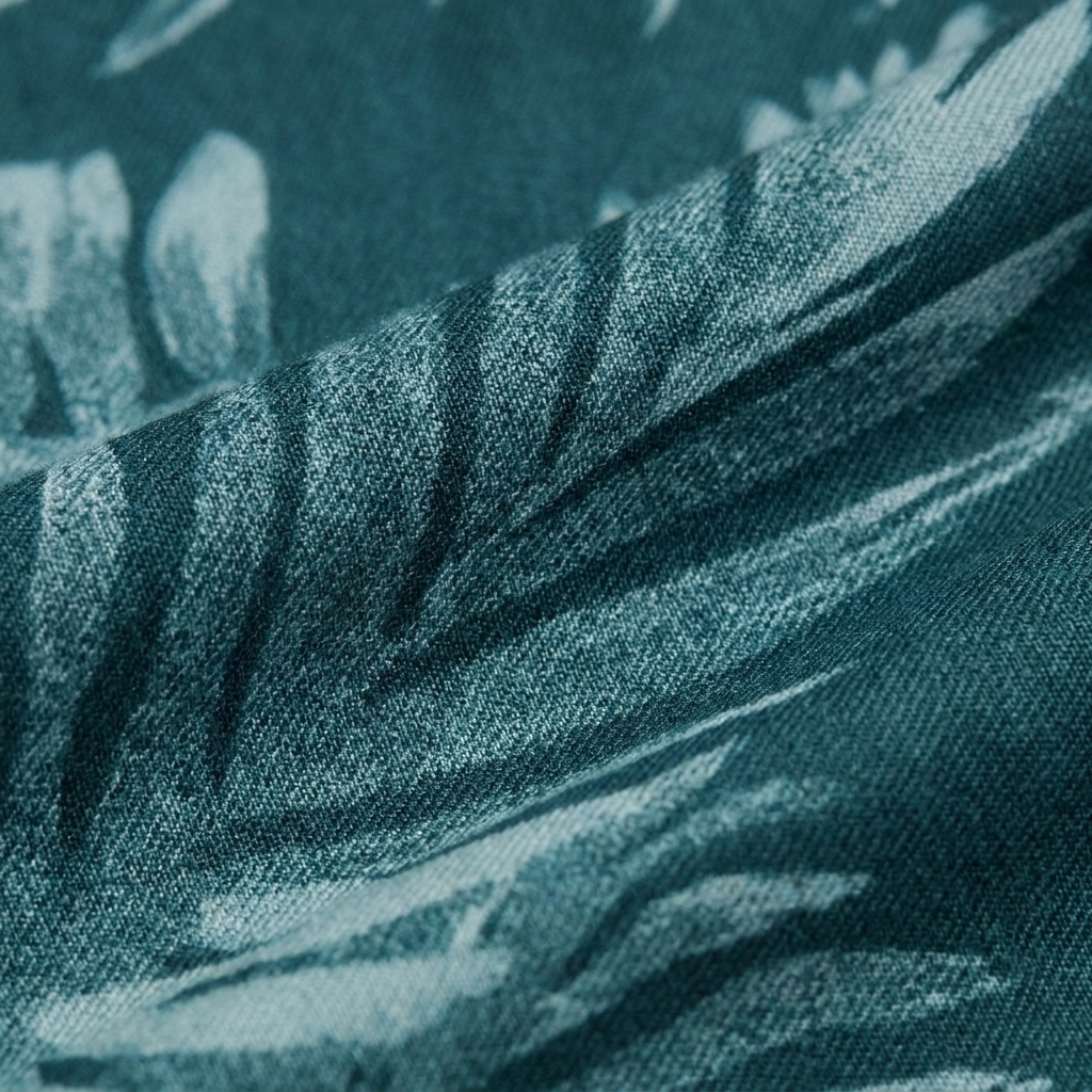 Teal tropical leaf print jumpsuit fabric texture close-up