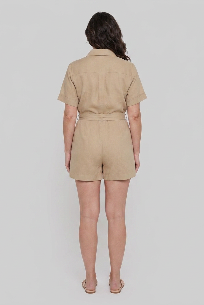 Beige utility shirt romper, back view on model