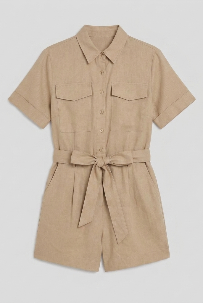 Beige utility shirt romper product flat-lay