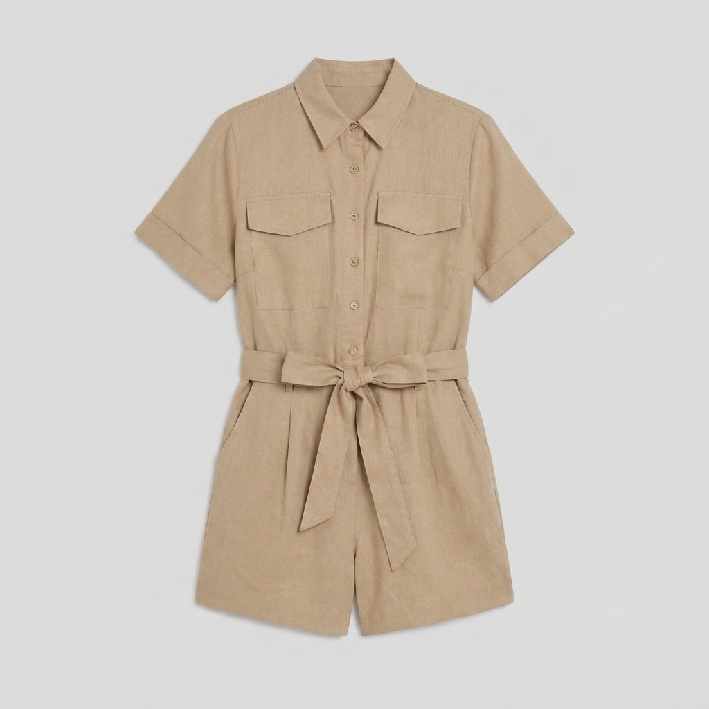 Beige utility shirt romper product flat-lay