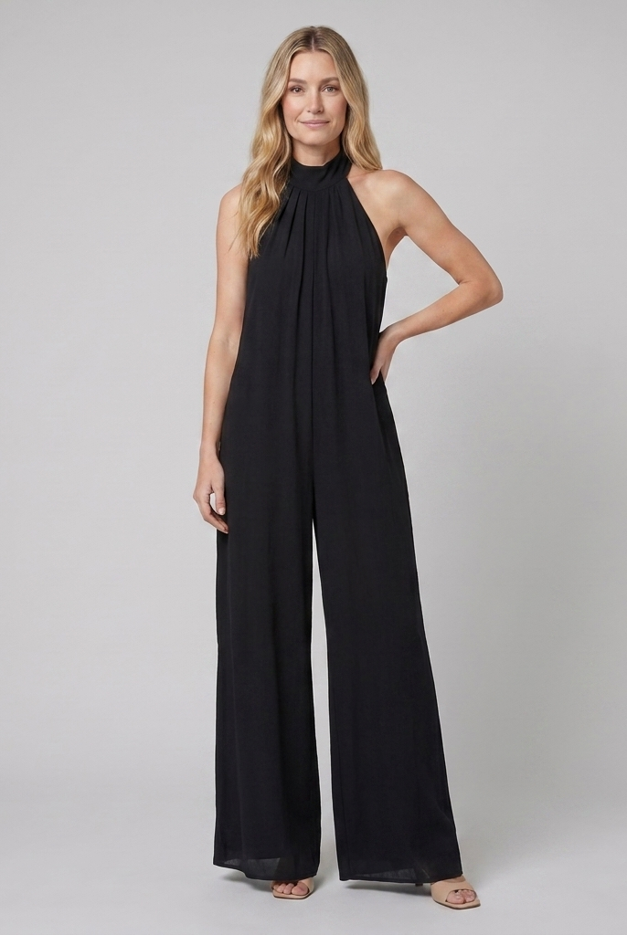 Women's Black Halter Neck Wide Leg Jumpsuit - Front View