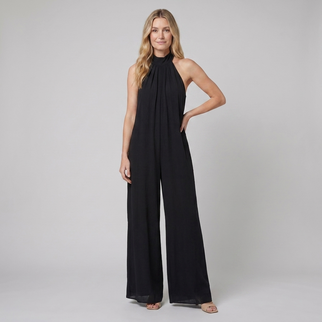 Women's Black Halter Neck Wide Leg Jumpsuit - Front View
