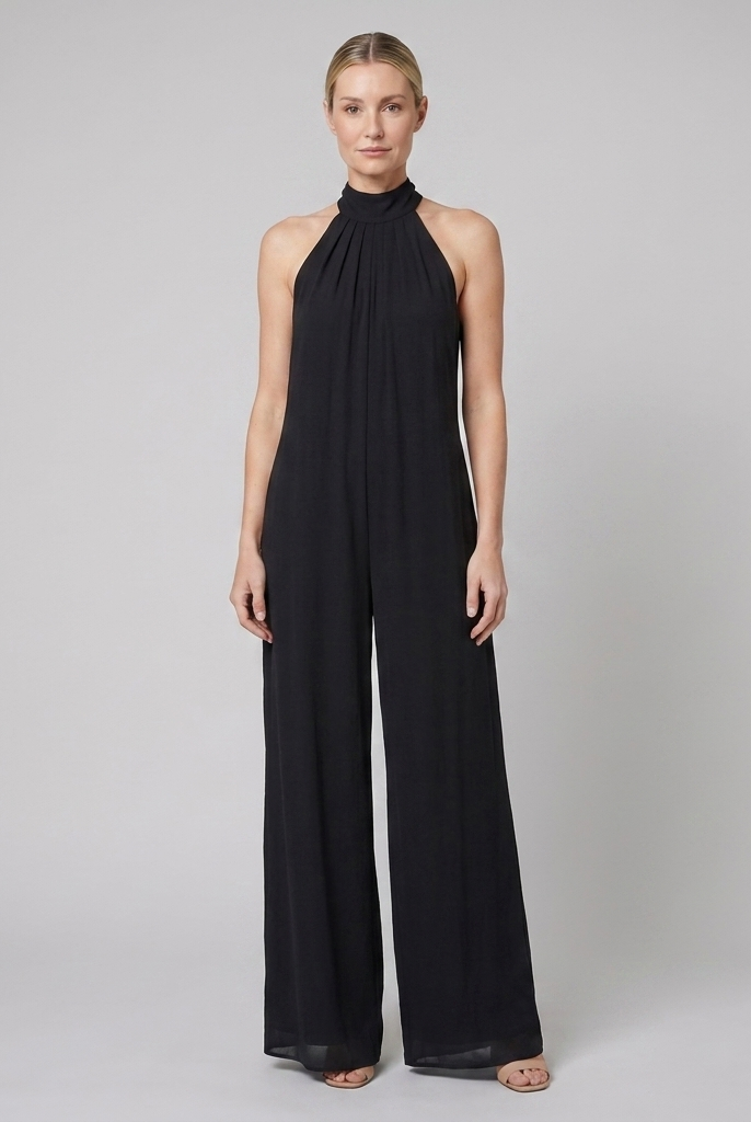 Women's Black Halter Neck Wide Leg Jumpsuit - Front Pose B