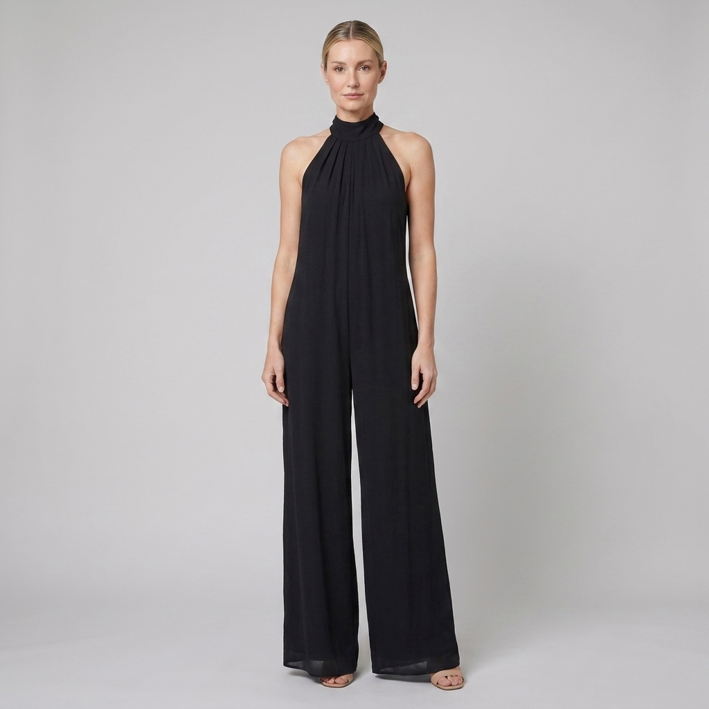 Women's Black Halter Neck Wide Leg Jumpsuit - Front Pose B
