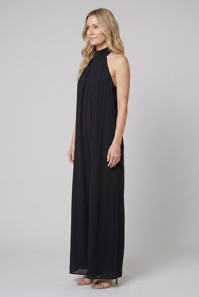 Women's Black Halter Neck Wide Leg Jumpsuit - Side View