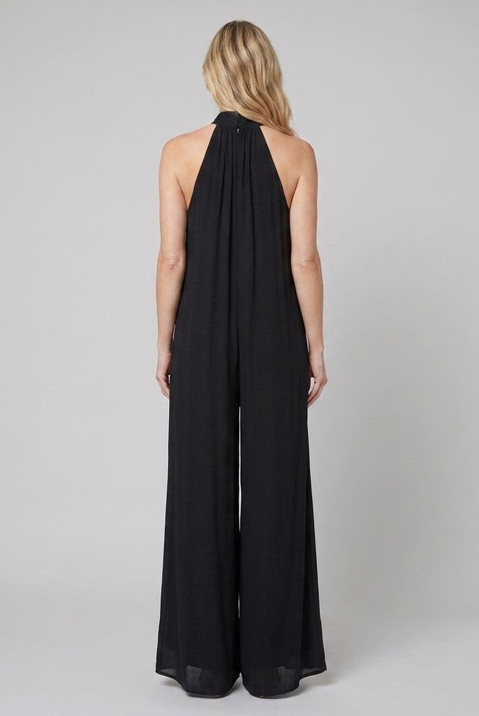 Women's Black Halter Neck Wide Leg Jumpsuit - Back View