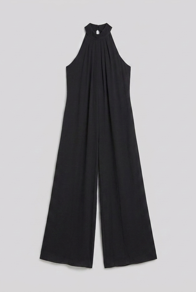 Women's Black Halter Neck Wide Leg Jumpsuit - Product Flat Lay