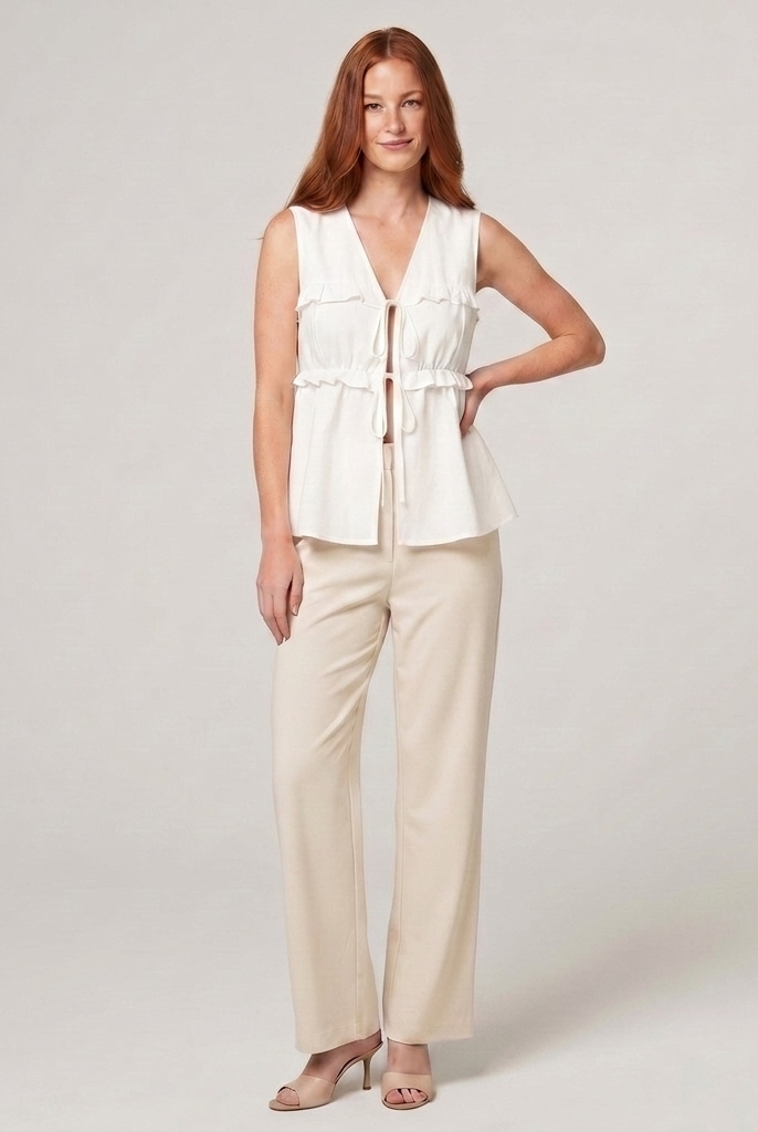 Women's White Peplum Sleeveless V-Neck Tie Front Top - Front View