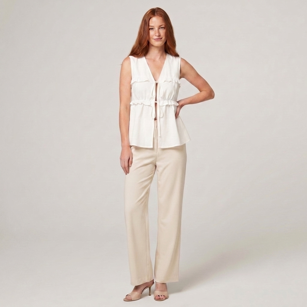 Women's White Peplum Sleeveless V-Neck Tie Front Top - Front View