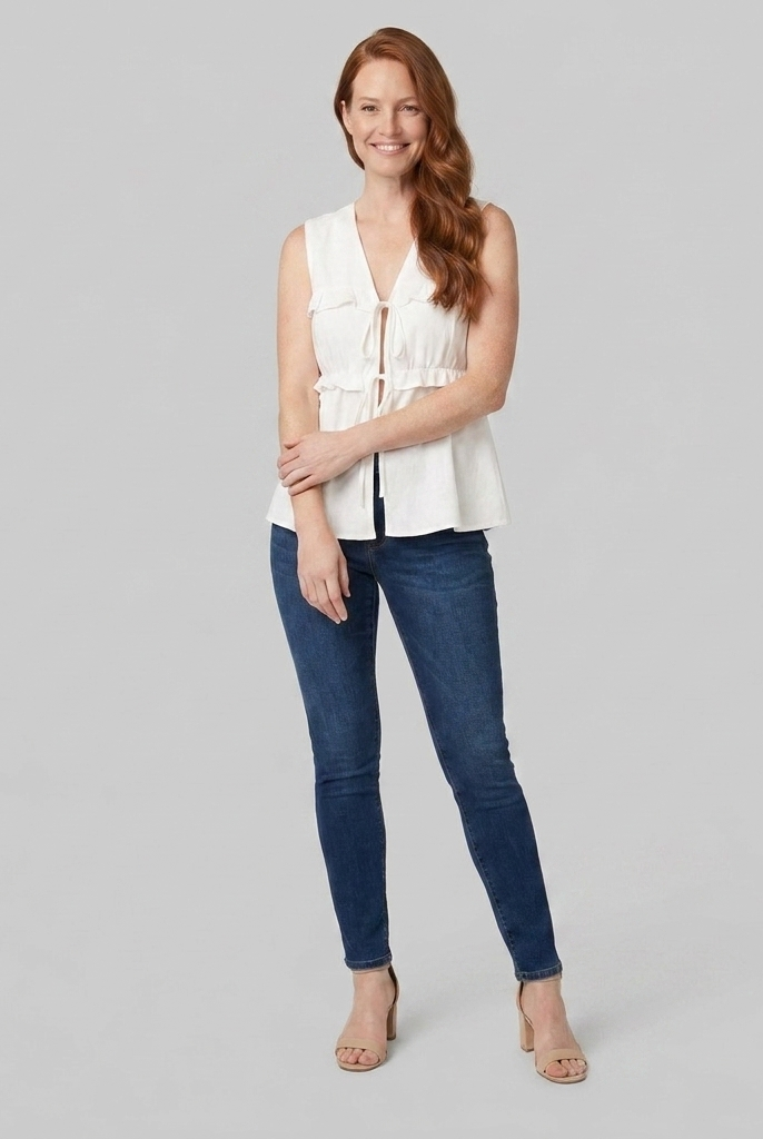 Women's White Peplum Sleeveless V-Neck Tie Front Top - Front Pose B