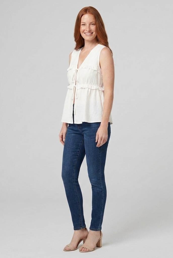 Women's White Peplum Sleeveless V-Neck Tie Front Top - Side View