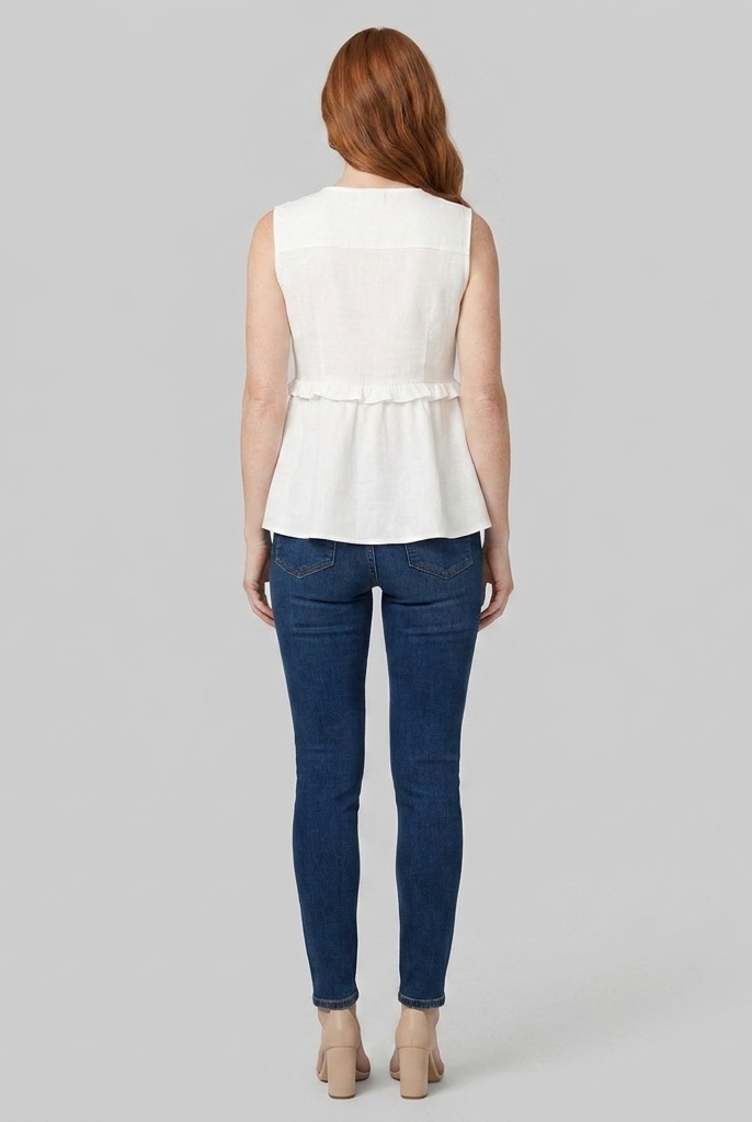 Women's White Peplum Sleeveless V-Neck Tie Front Top - Back View