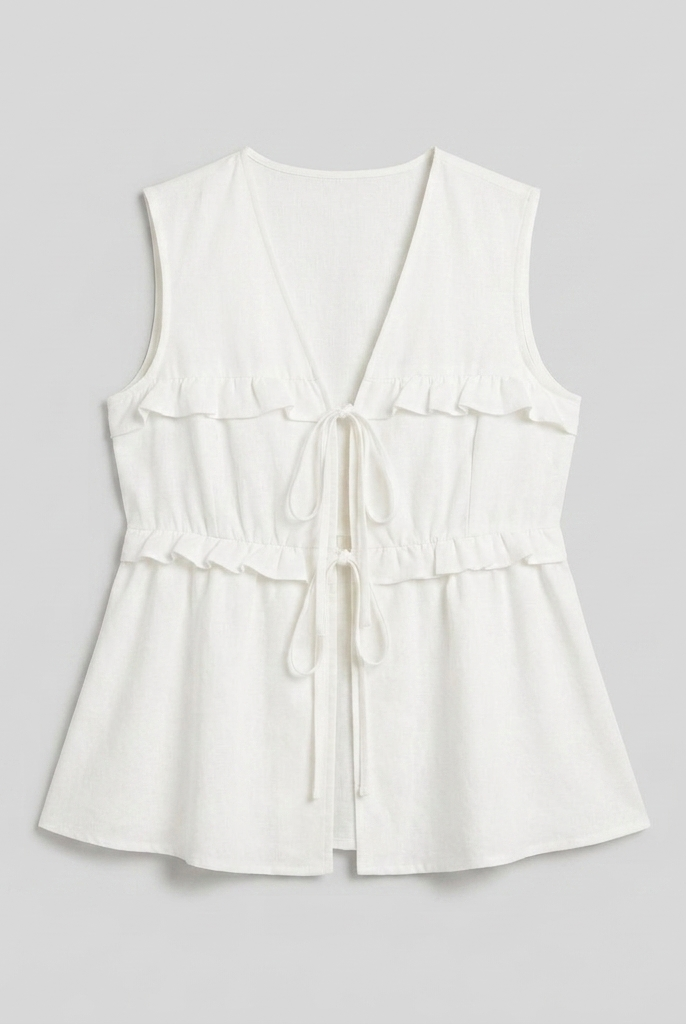 Women's White Peplum Sleeveless V-Neck Tie Front Top - Product Flat Lay