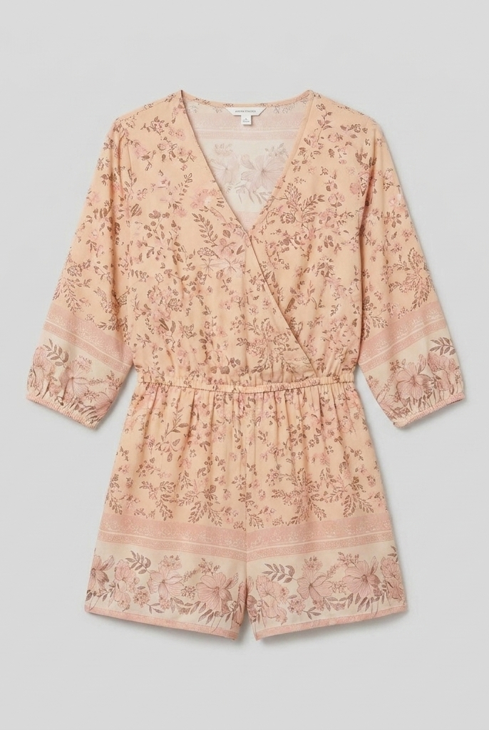 Women's Beige Floral Playsuit V-Neck - Product Flat Lay