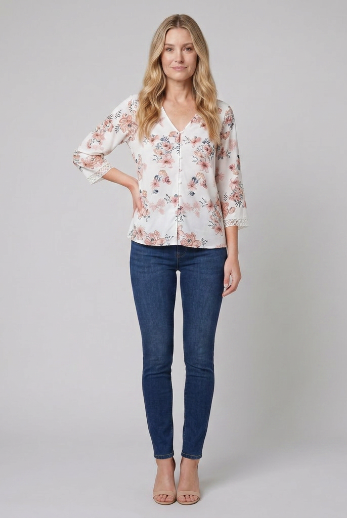 Women's Floral V-Neck Blouse Crochet Trim in White - Front View