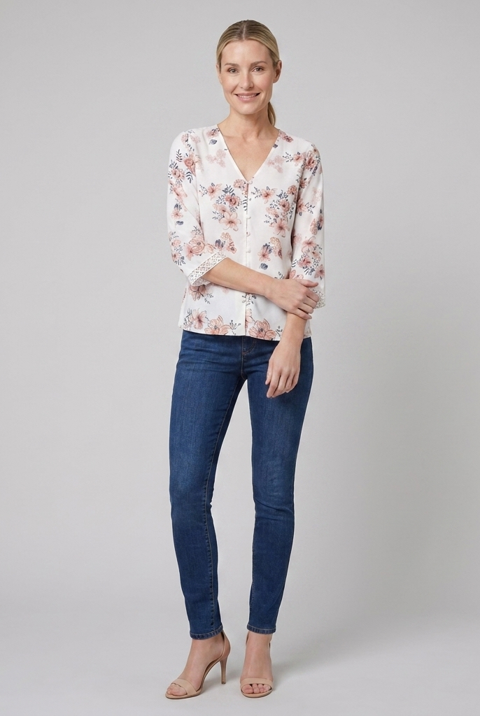 Women's Floral V-Neck Blouse Crochet Trim in White - Front Pose B