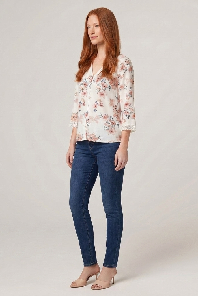 Women's Floral V-Neck Blouse Crochet Trim in White - Side View